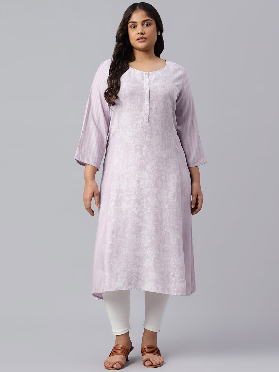 W Women Lavender Floral Printed Handloom Kurta
