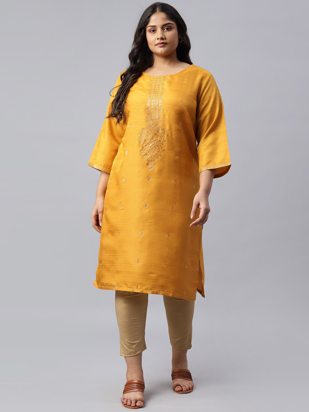 

W Women Yellow Geometric Embroidered Flared Sleeves Kurta