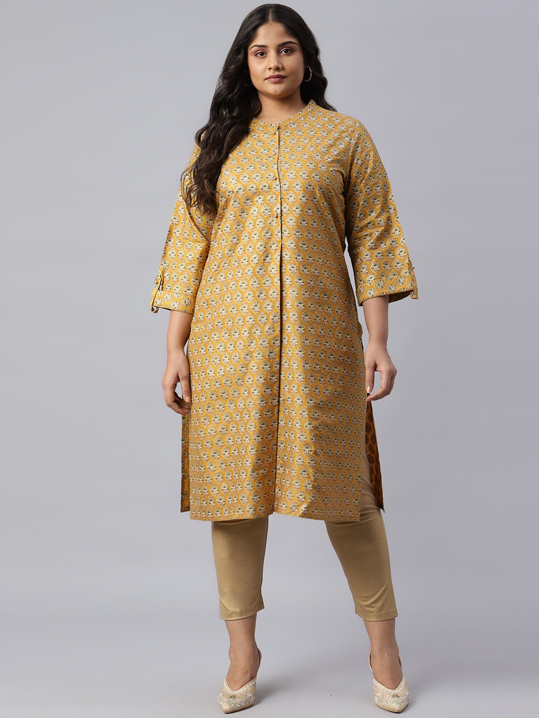 

W Women Mustard Plus Size Ethnic Motifs Printed Kurta