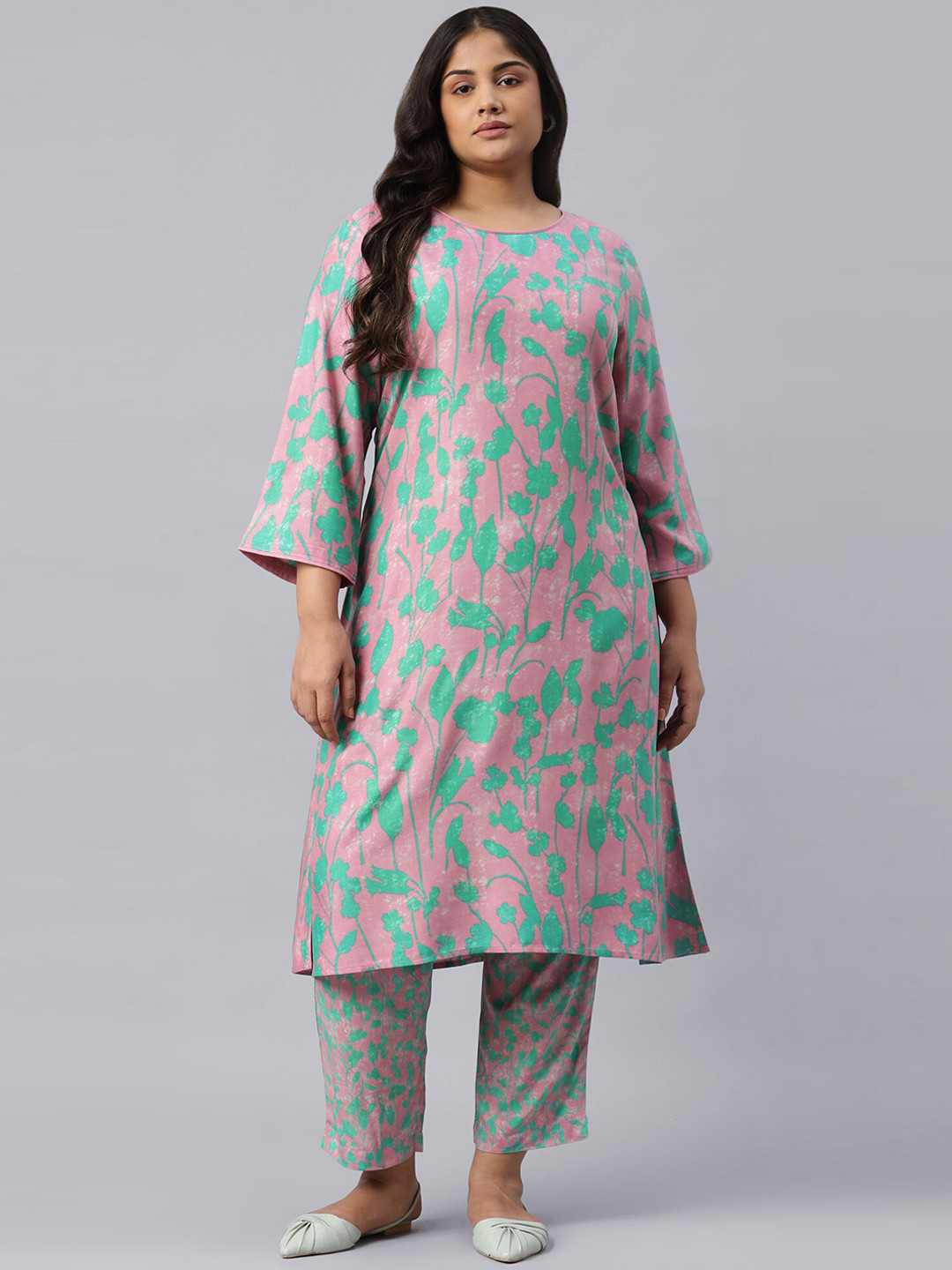 

W Women Pink & Green Floral Printed Flared Sleeves Floral Kurta