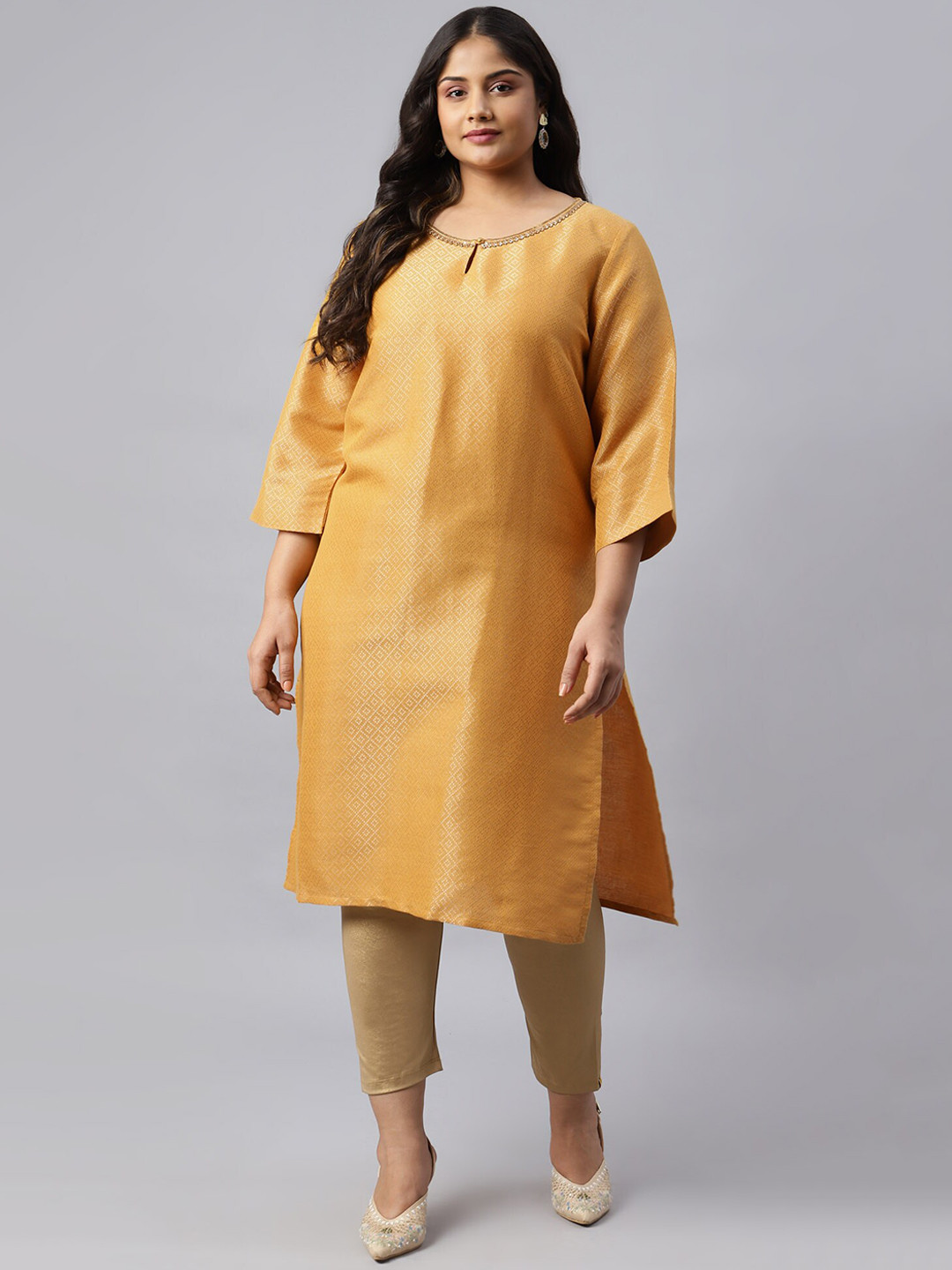 

W Women Mustard Keyhole Neck Printed Plus Size Kurta