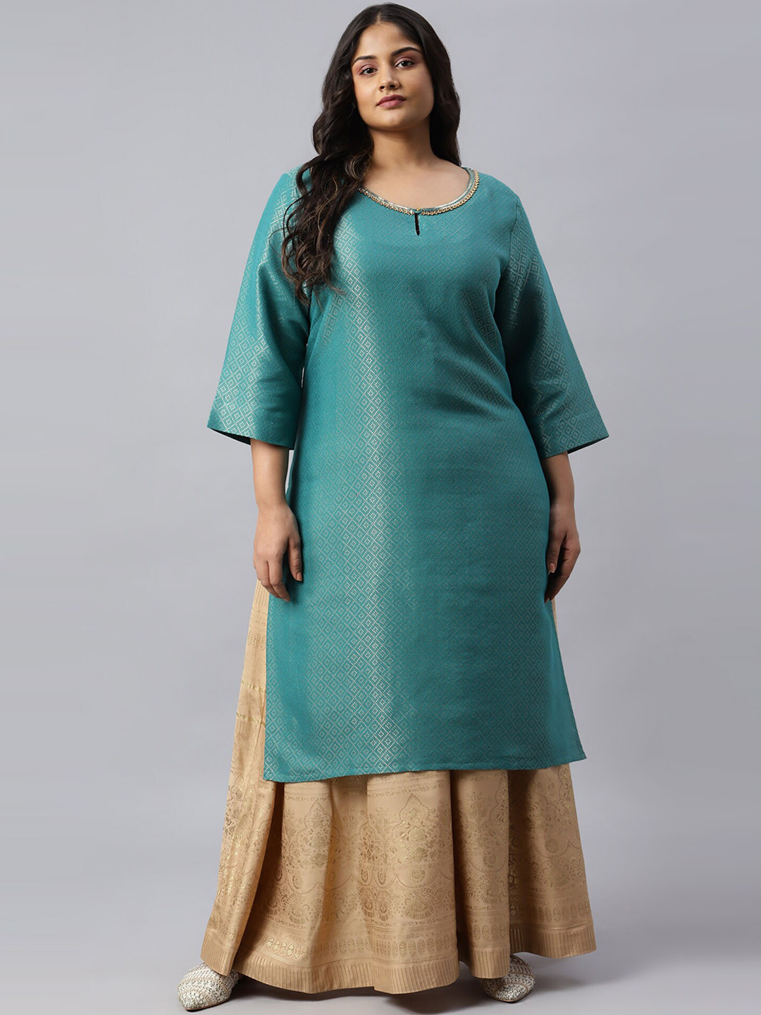 

W Women Teal Embroidered Flared Sleeves Thread Work Asymmetric Kurta