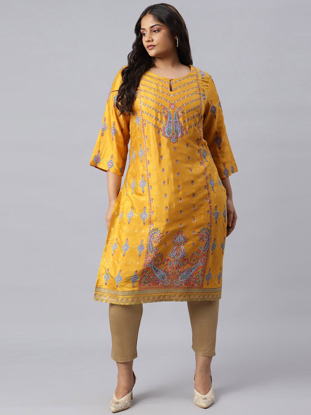 

W Women Yellow Ethnic Motifs Printed Keyhole Neck Kurta