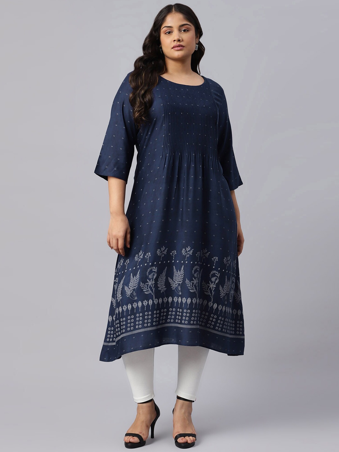 

W Women Blue & White Geometric Flared Sleeves Thread Work Floral Handloom Kurta