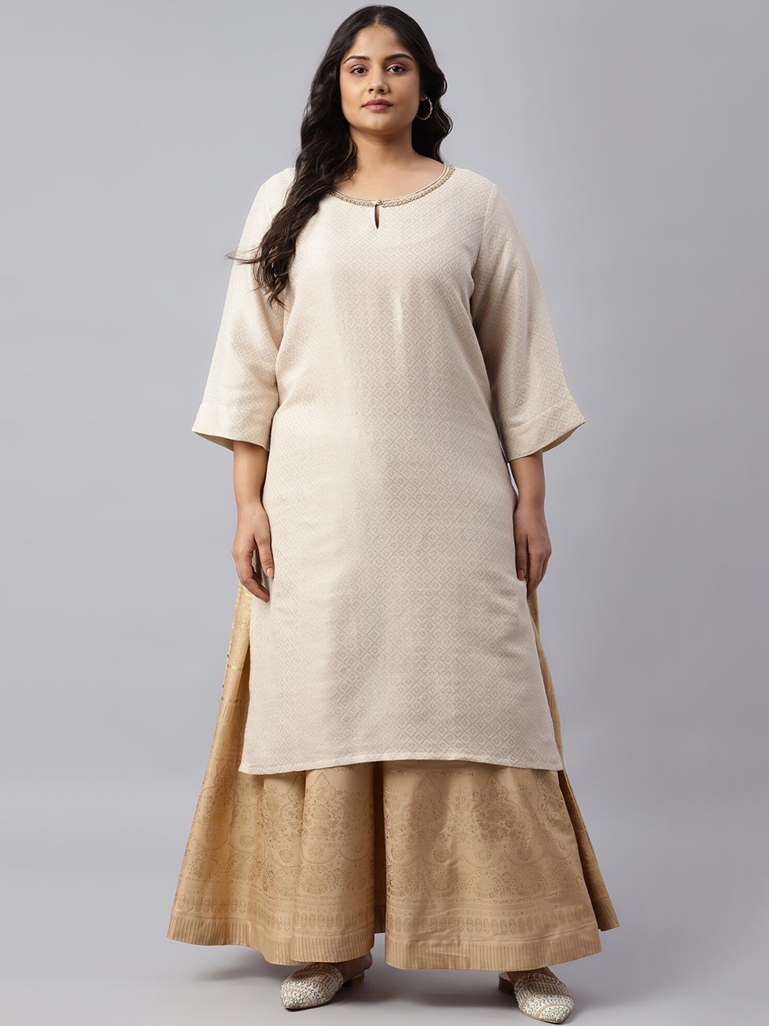 

W Women Plus Size Beige Keyhole Neck Kurta