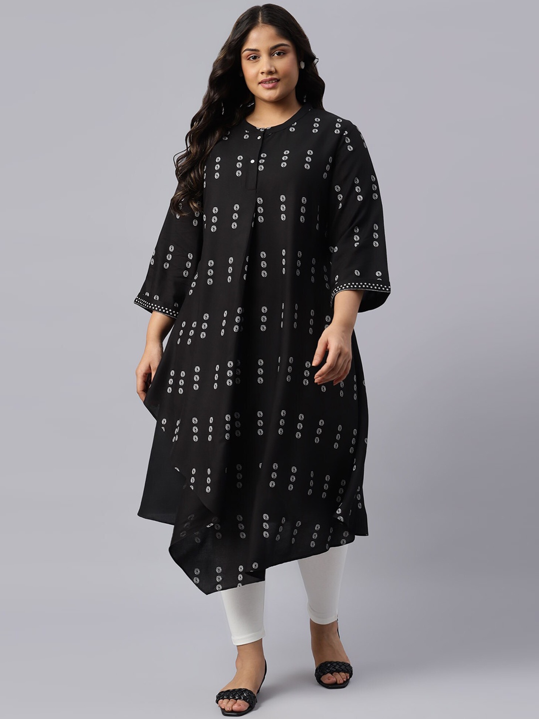 

W Women Black Printed Flared Sleeves Thread Work Asymmetric Kurta