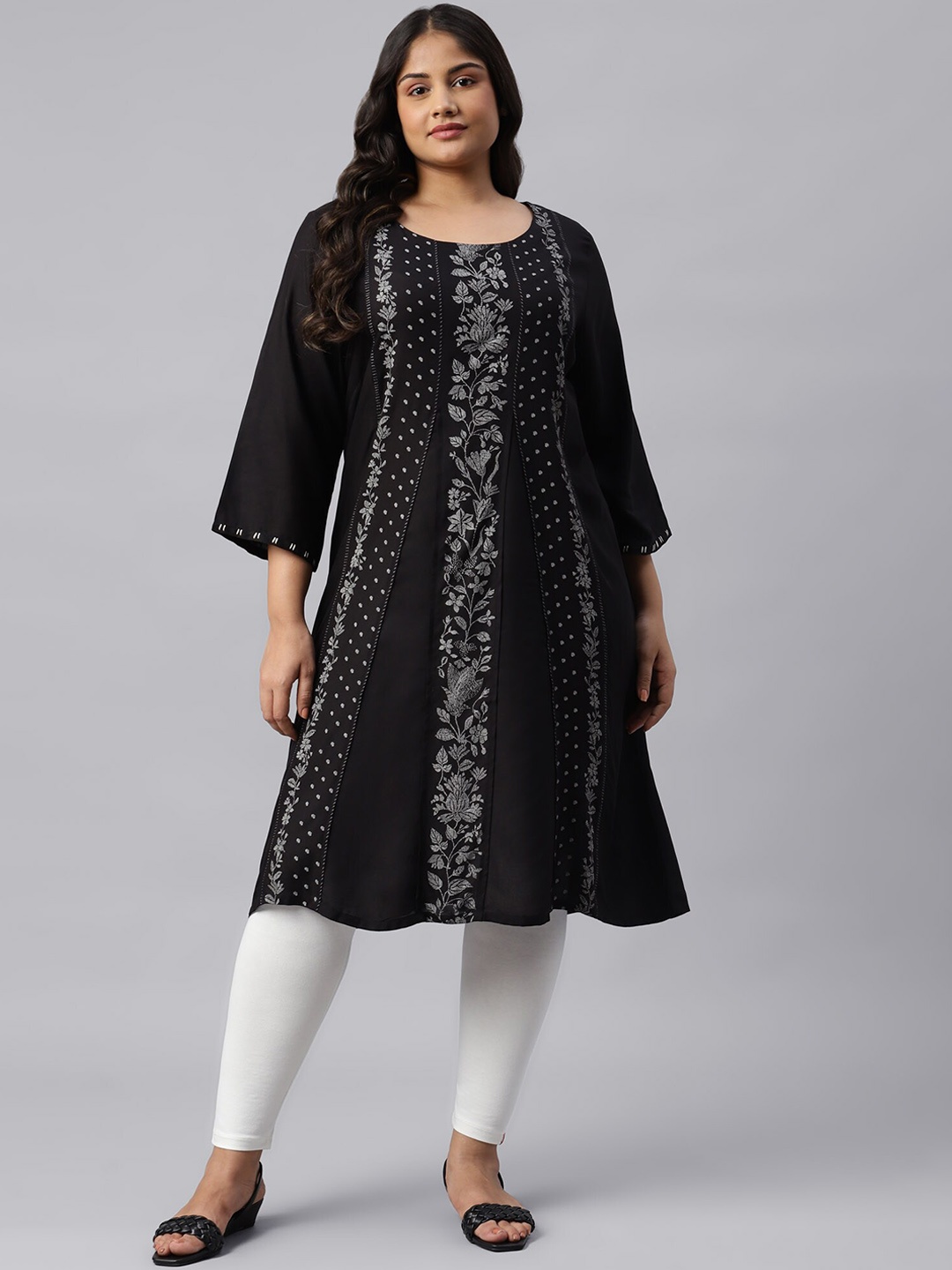 

W Women Black Ethnic Motifs Flared Sleeves Floral Handloom Kurta
