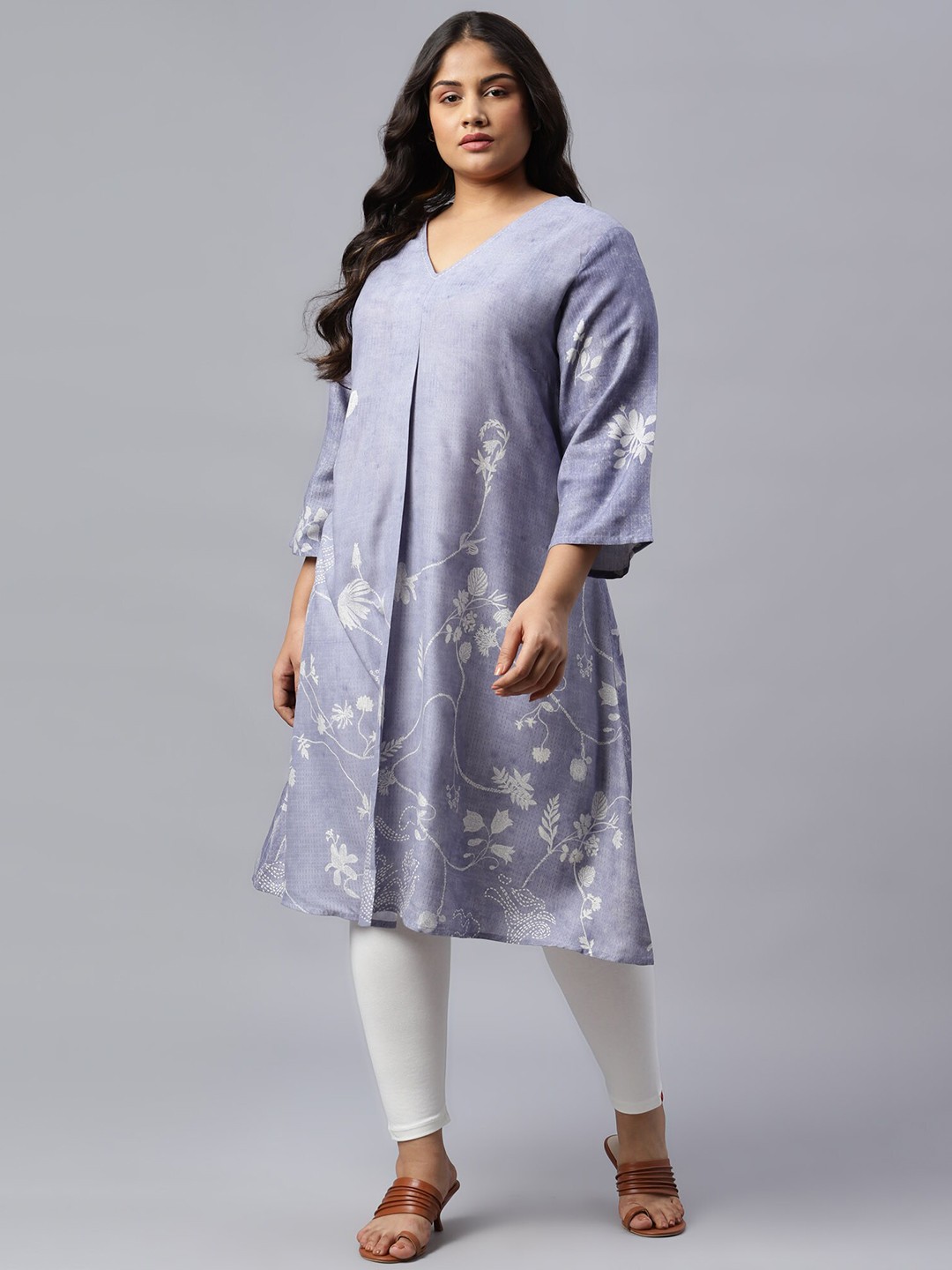 

W Women Blue Floral Printed Thread Work Floral Handloom Kurta