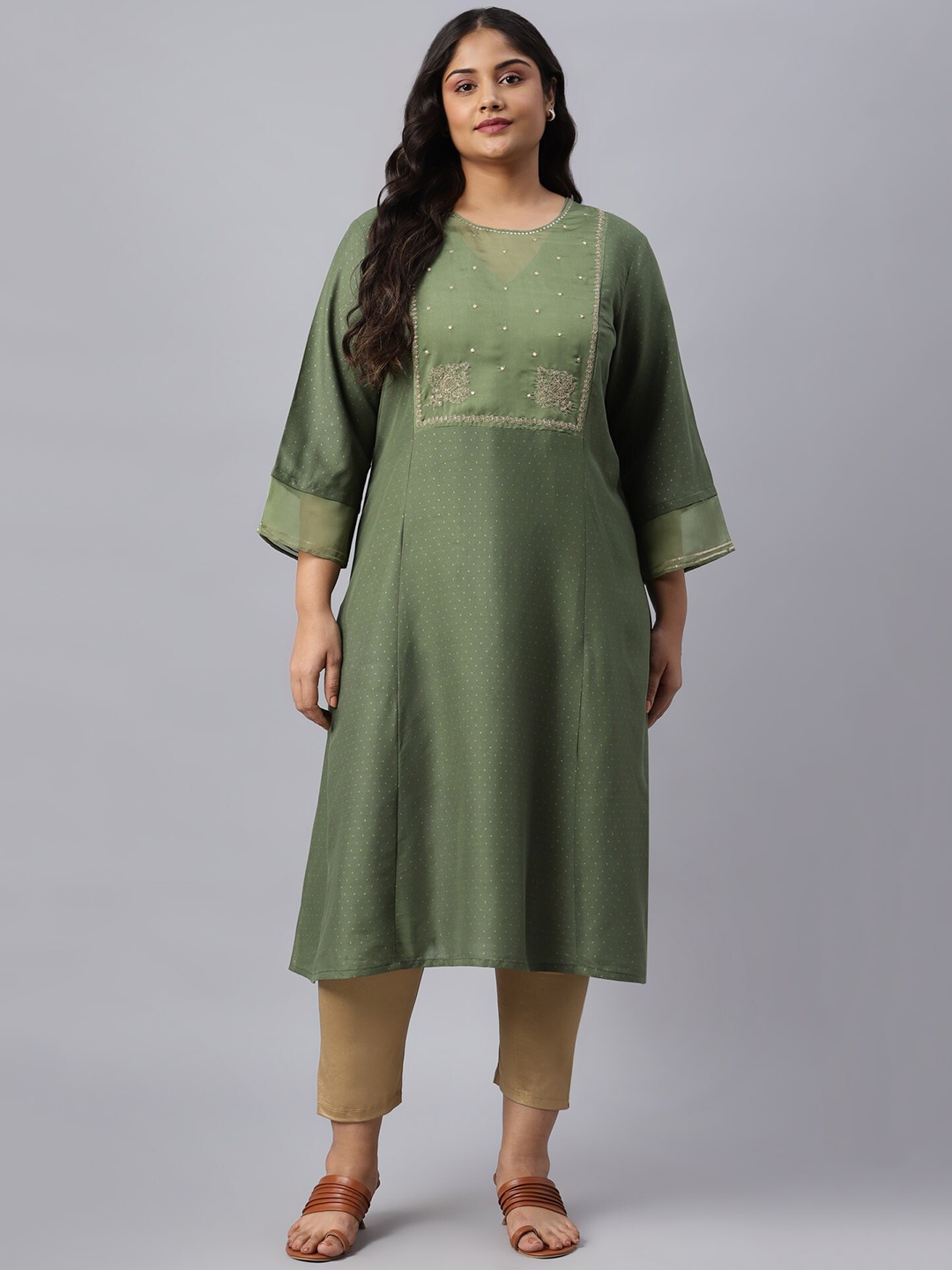 

W Women Green Yoke Design Flared Sleeves Thread Work Indie Prints Kurta