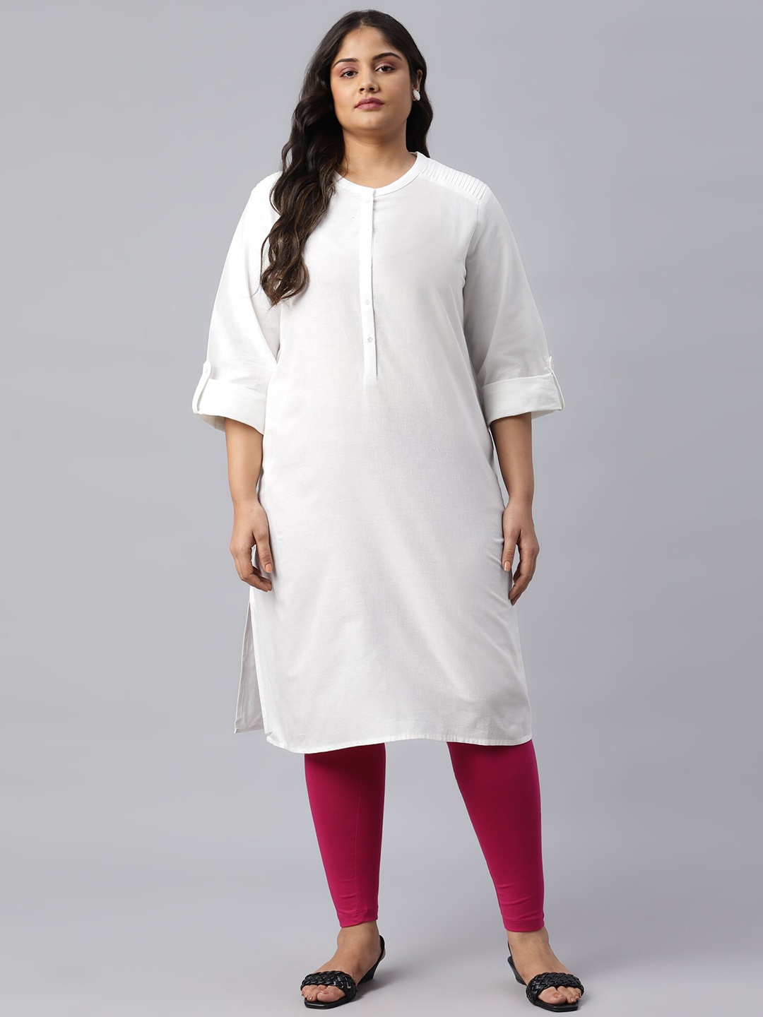 W Women White Solid Pure Cotton Kurta