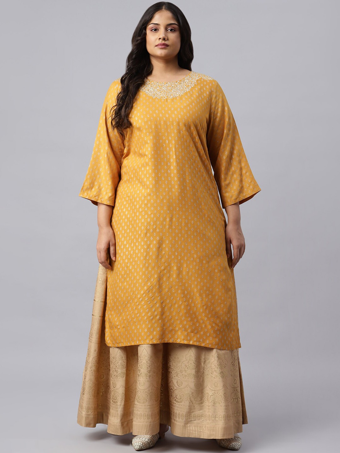 

W Women Mustard Yellow Ethnic Motifs Embroidered Flared Sleeves Floral Plus Size Kurta