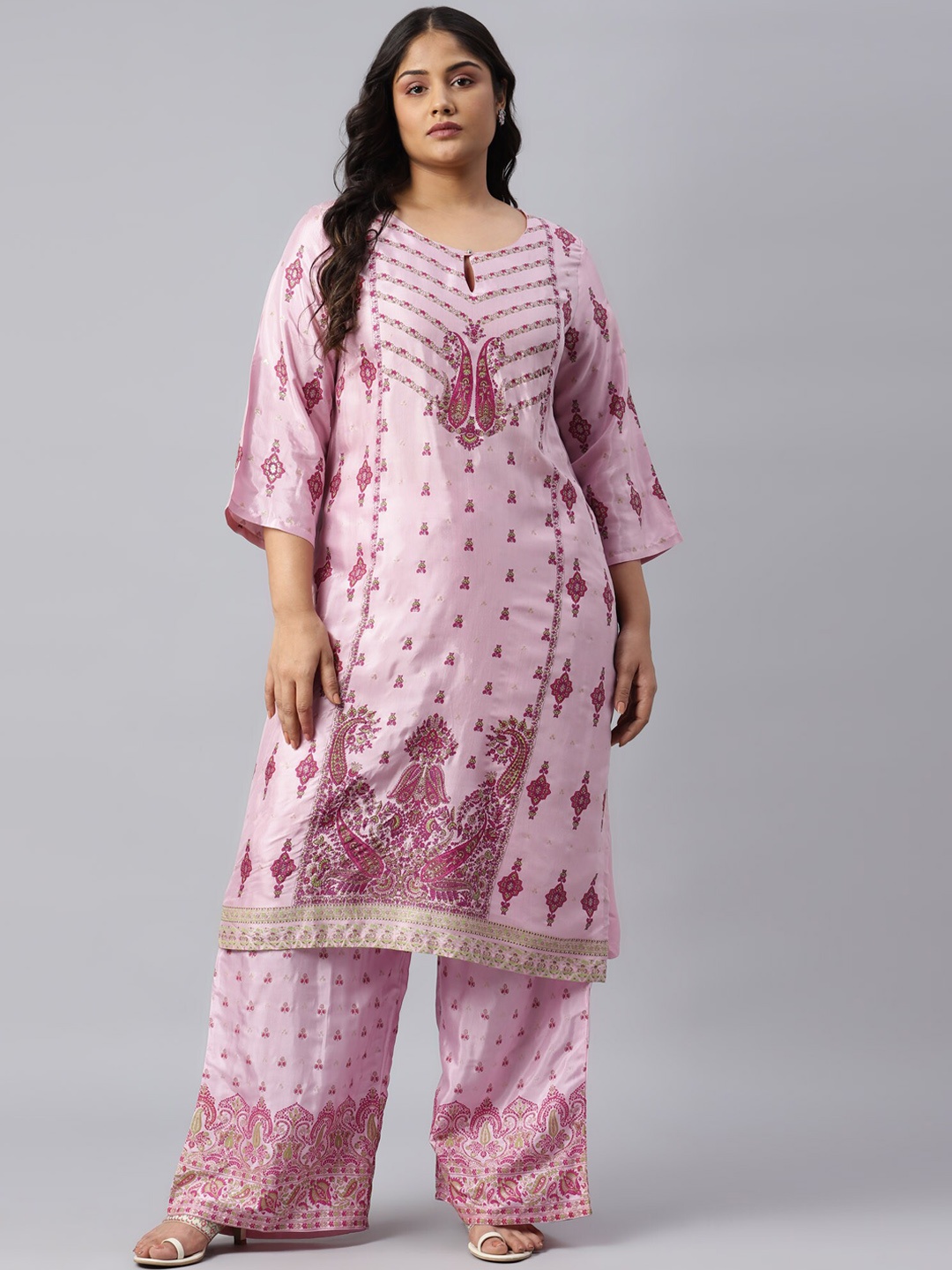 

W Women Pink Ethnic Motifs Printed Flared Sleeves Pastels Kaftan Kurta