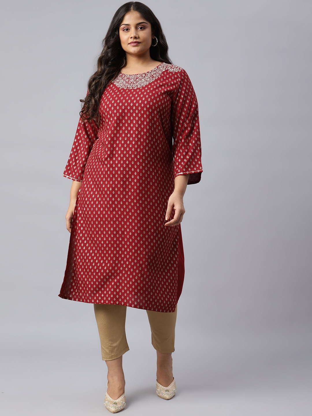 

W Women Red Ethnic Motifs Printed Thread Work Kurta