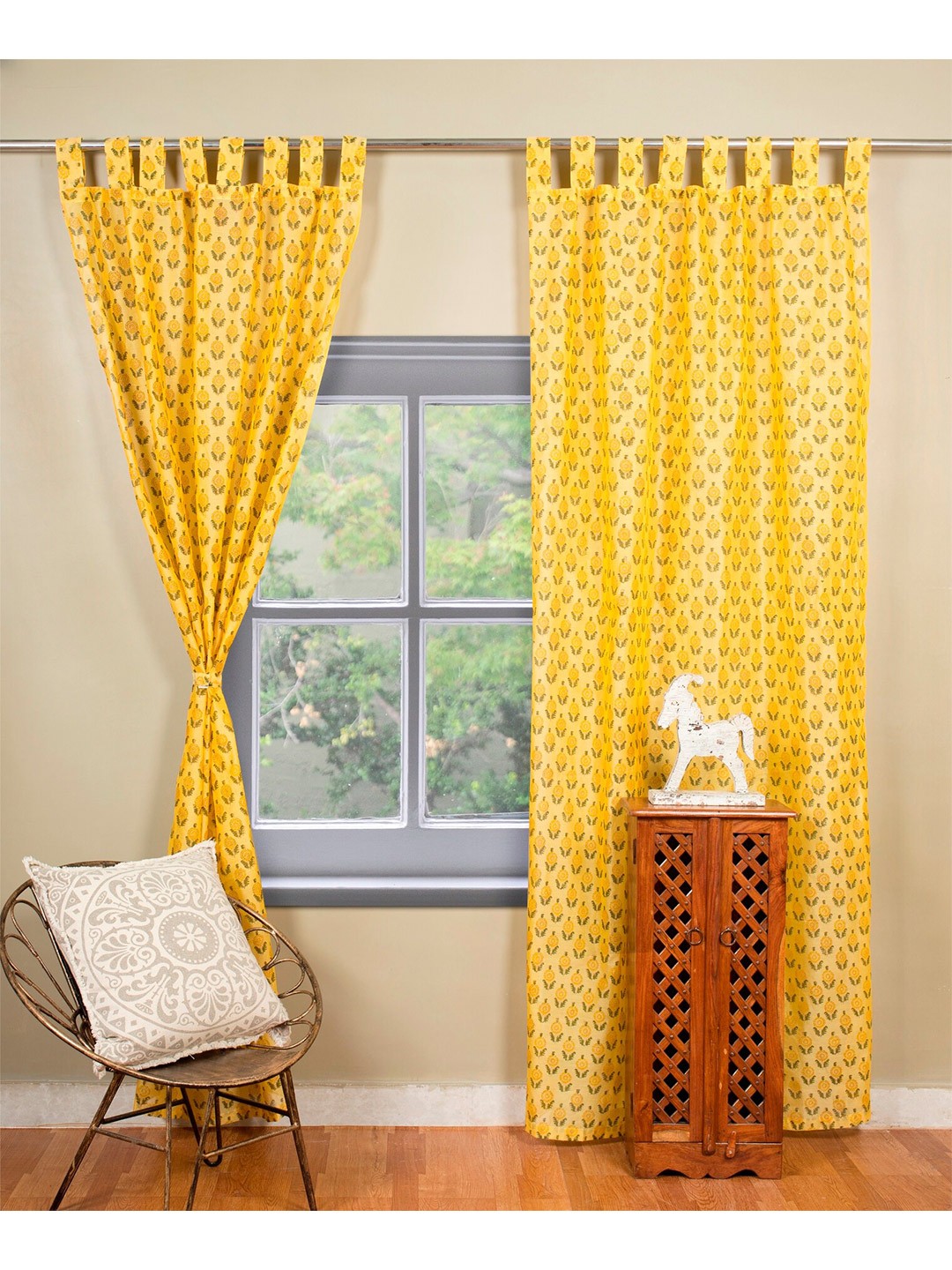 

HANDICRAFT PALACE Yellow Ethnic Leaf Printed Set of 2 Sheer Door Curtain