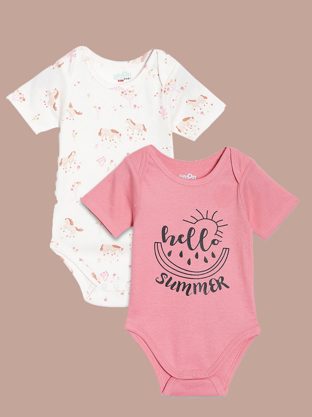 

Broon Infant Girls Pack of 2 Pink & Off White Printed Pure Organic Cotton Bodysuits