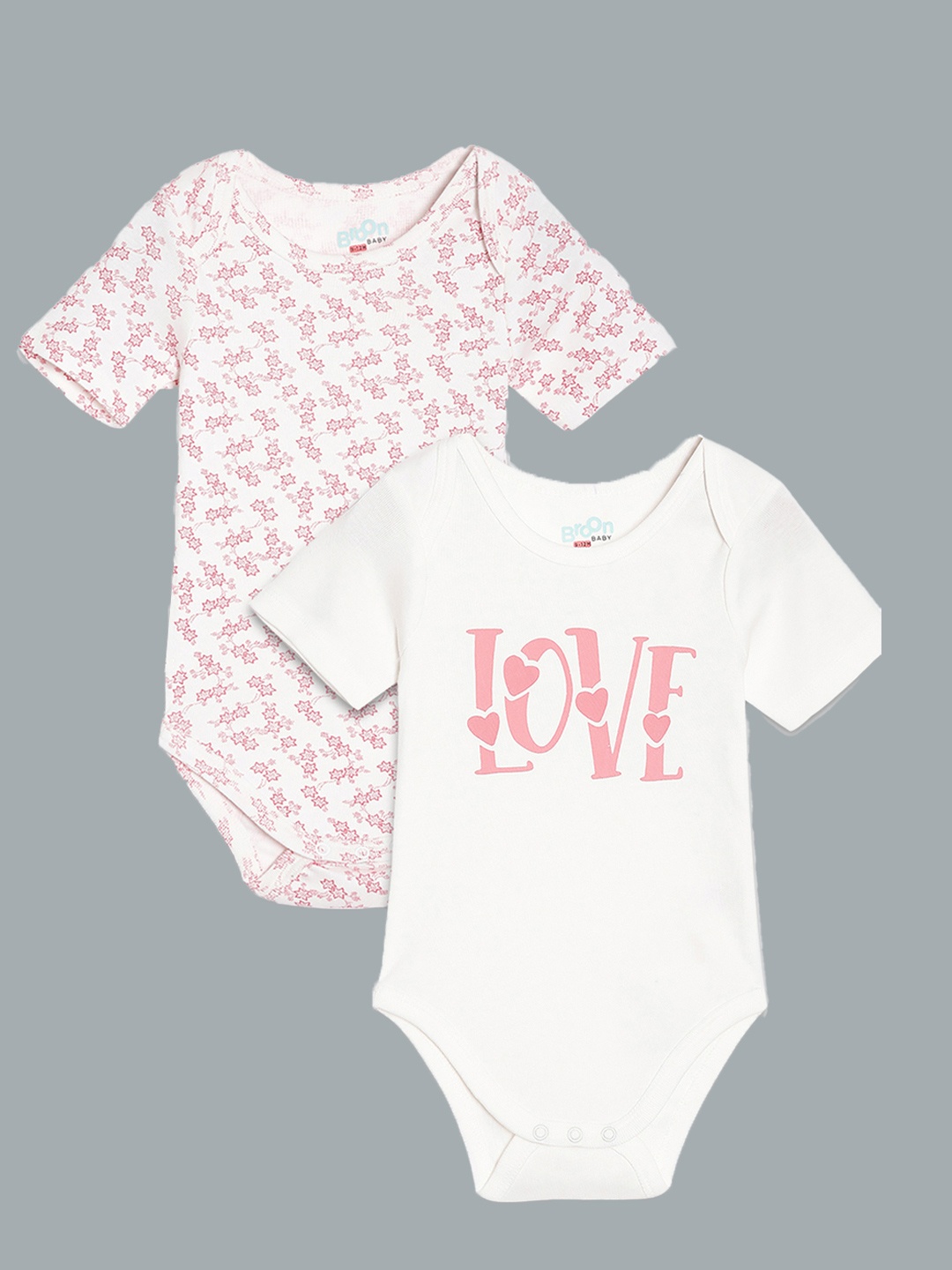 

Broon Girls Pack of 2 Off White & Pink Printed Pure Organic Cotton Bodysuits