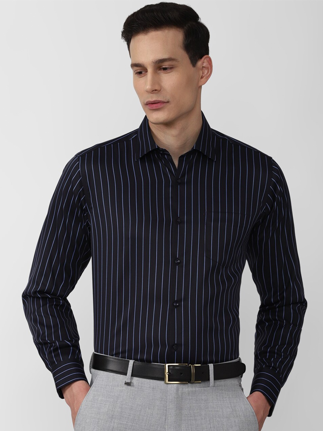 

Van Heusen Men Navy Blue Striped Formal Shirt