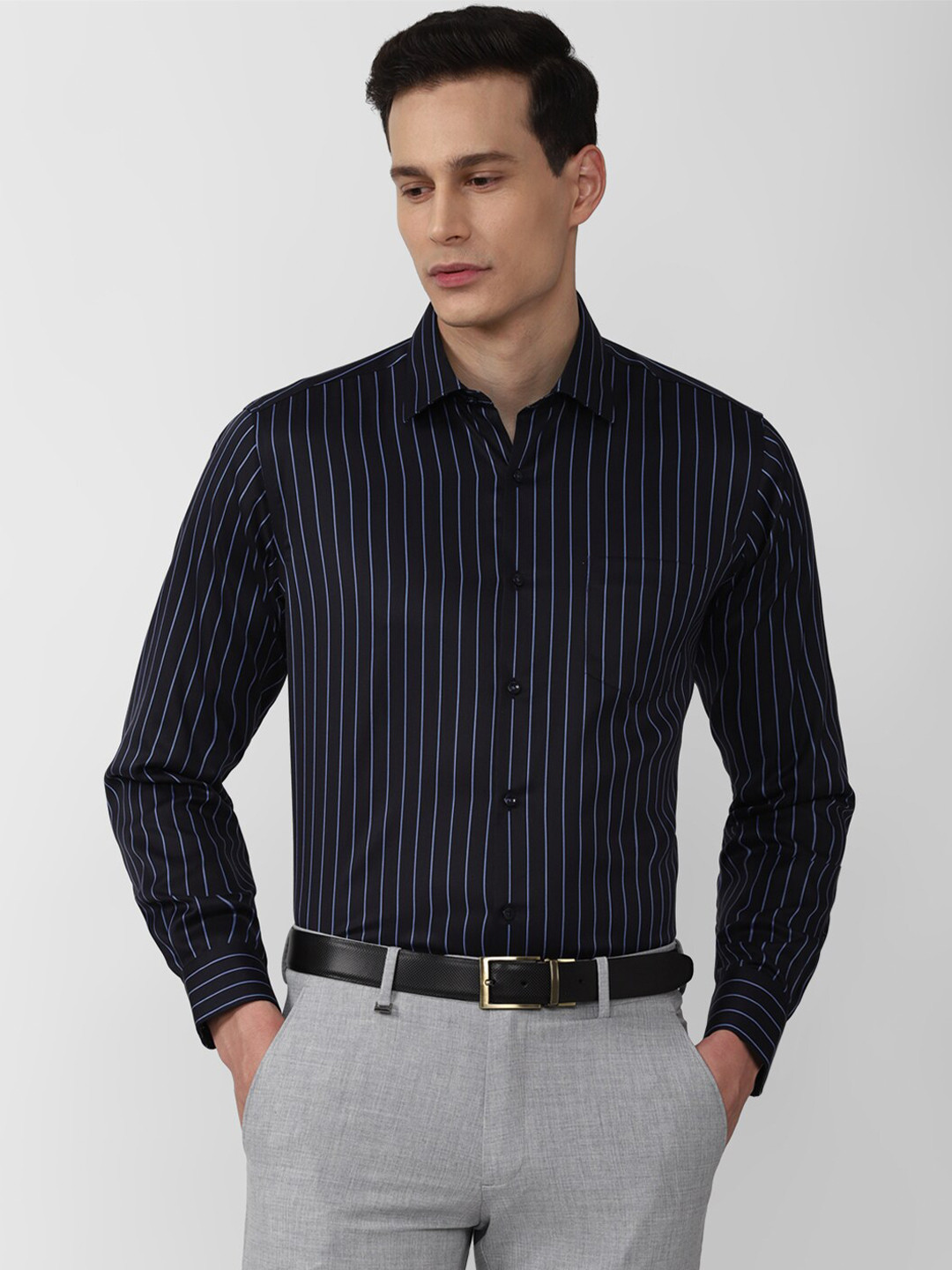 

Van Heusen Men Navy Blue Striped Formal Shirt