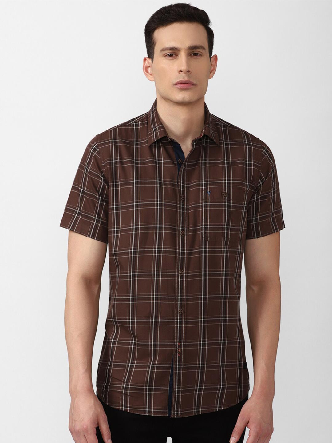 

VAN HEUSEN DENIM LABS Men Brown Slim Fit Tartan Checked Pure Cotton Casual Shirt