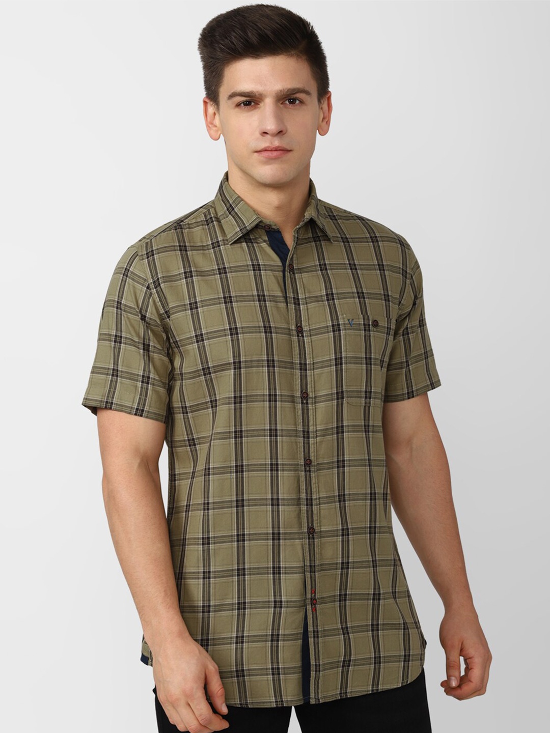 

VAN HEUSEN DENIM LABS Men Olive Green Cotton Slim Fit Checked Casual Shirt