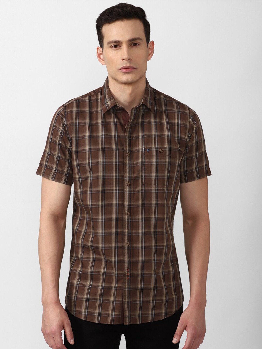 

VAN HEUSEN DENIM LABS Men Brown Slim Fit Checked Pure Cotton Casual Shirt