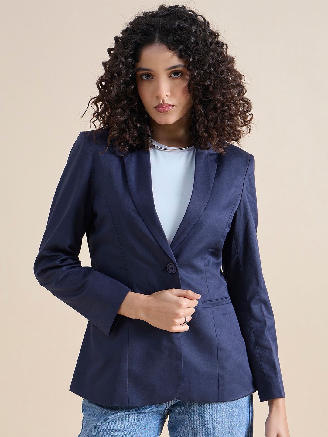 

PowerSutra Women Blue Solid Single Breasted Formal Blazers