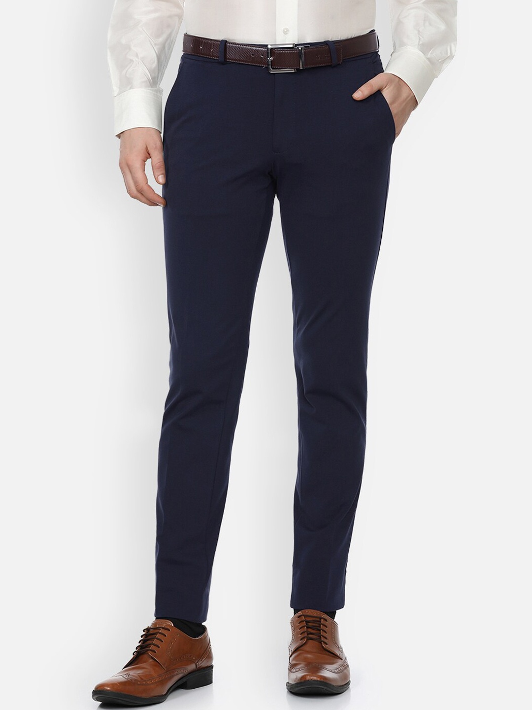 

Van Heusen Men Navy Blue Solid Mid Rise Slim Fit Trousers