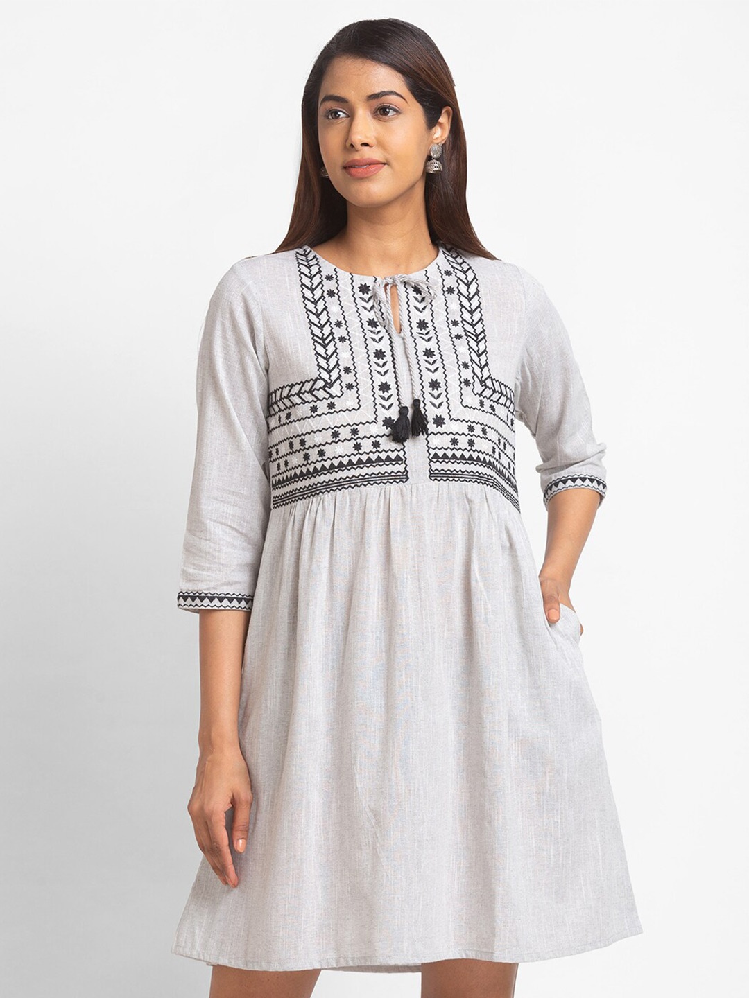 

Globus Tie-Up Neck Ethnic Motifs Threadwork Pure Cotton A-Line Ethnic Dress, Grey