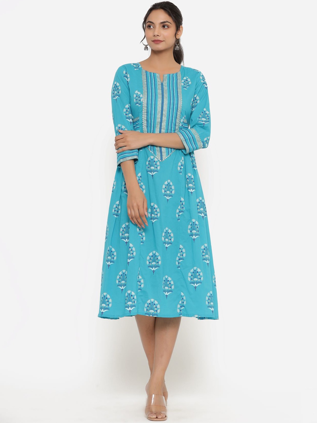 

PARCHHAI Women Blue Ethnic Motifs Printed Gotta Patti Cotton A-Line Kurta
