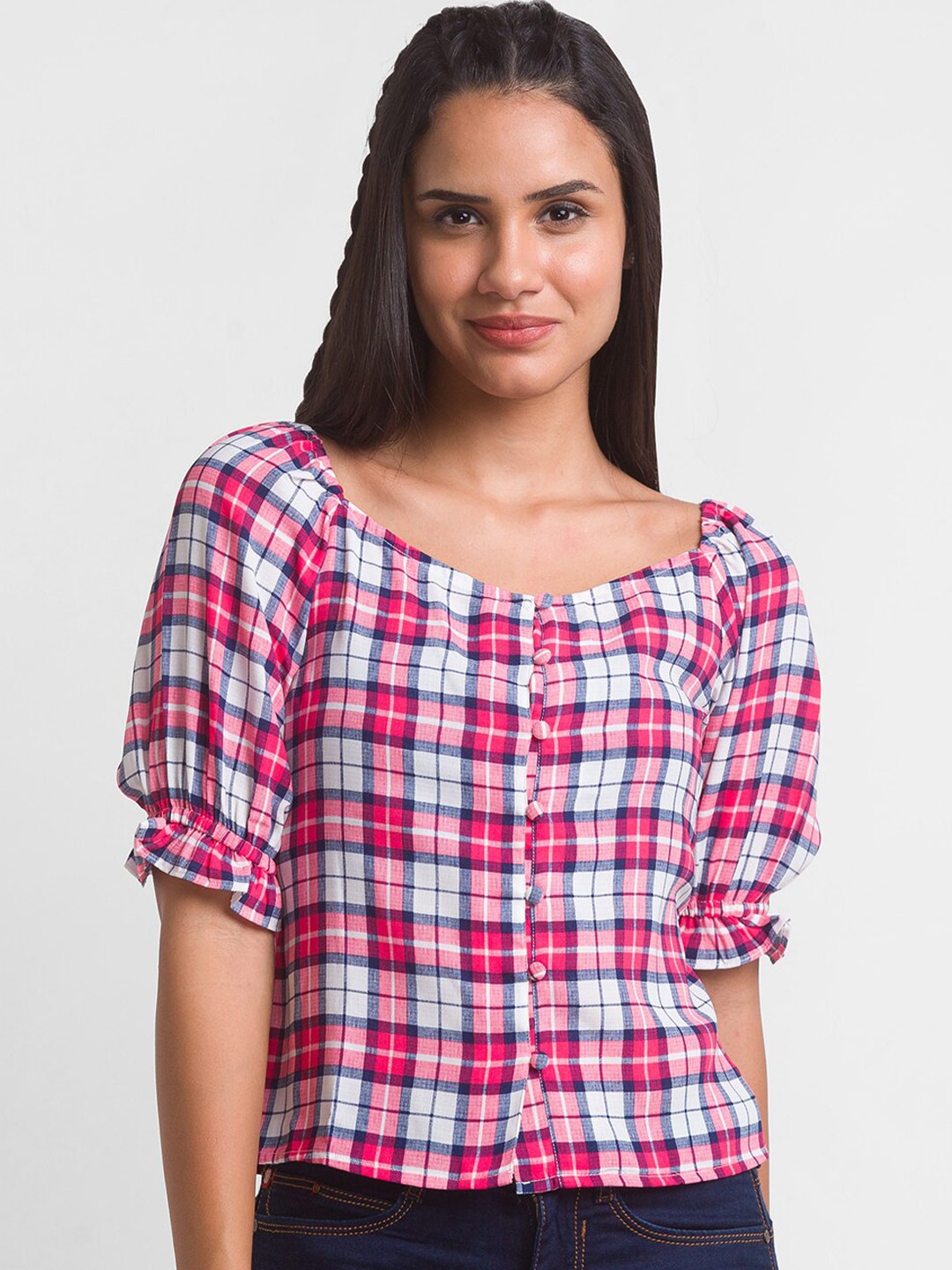 

Globus Women Pink & Blue Checked Crop Top