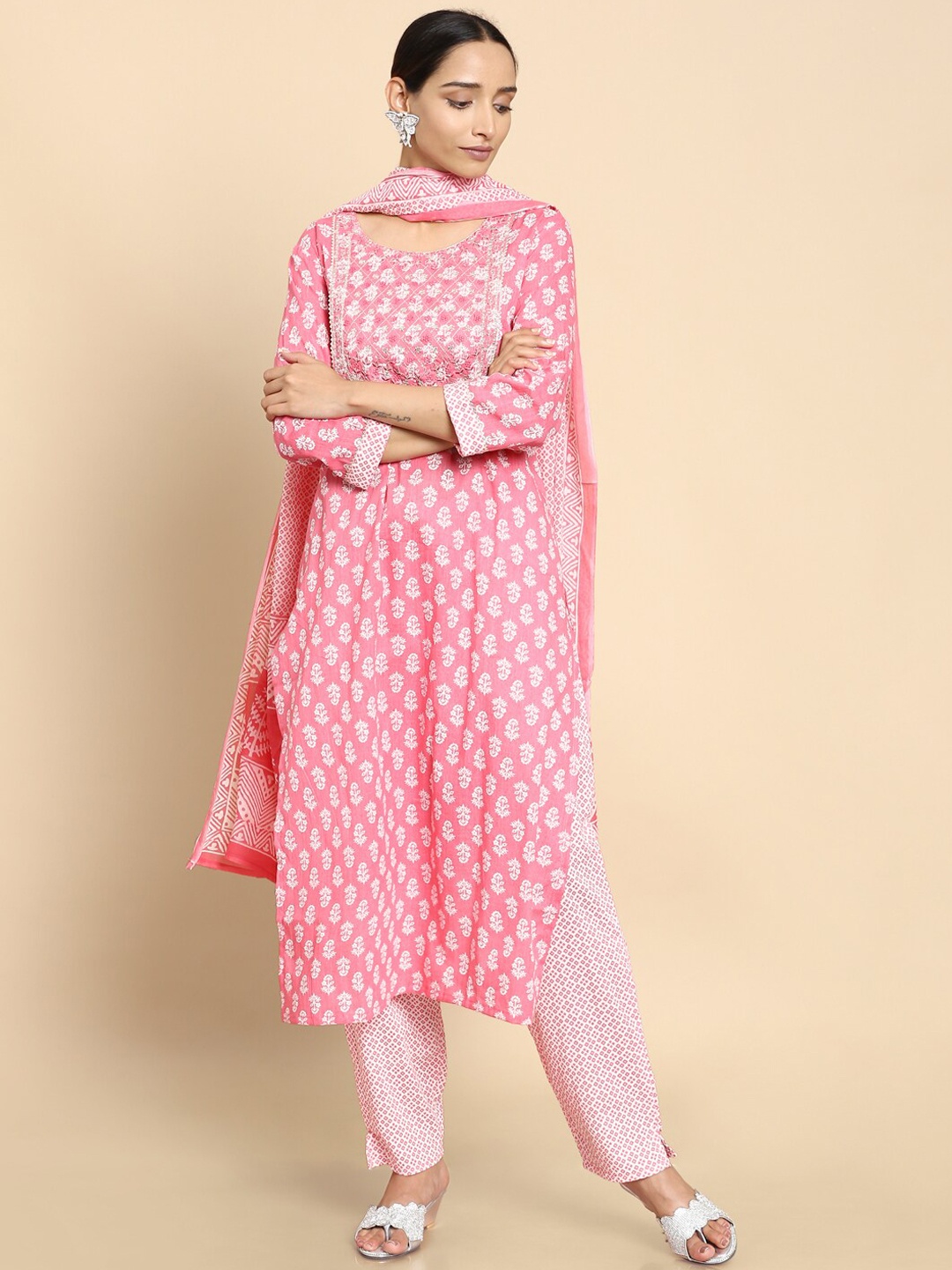 

Soch Women Pink Floral Printed Pure Cotton Kurta with Trousers & Dupatta