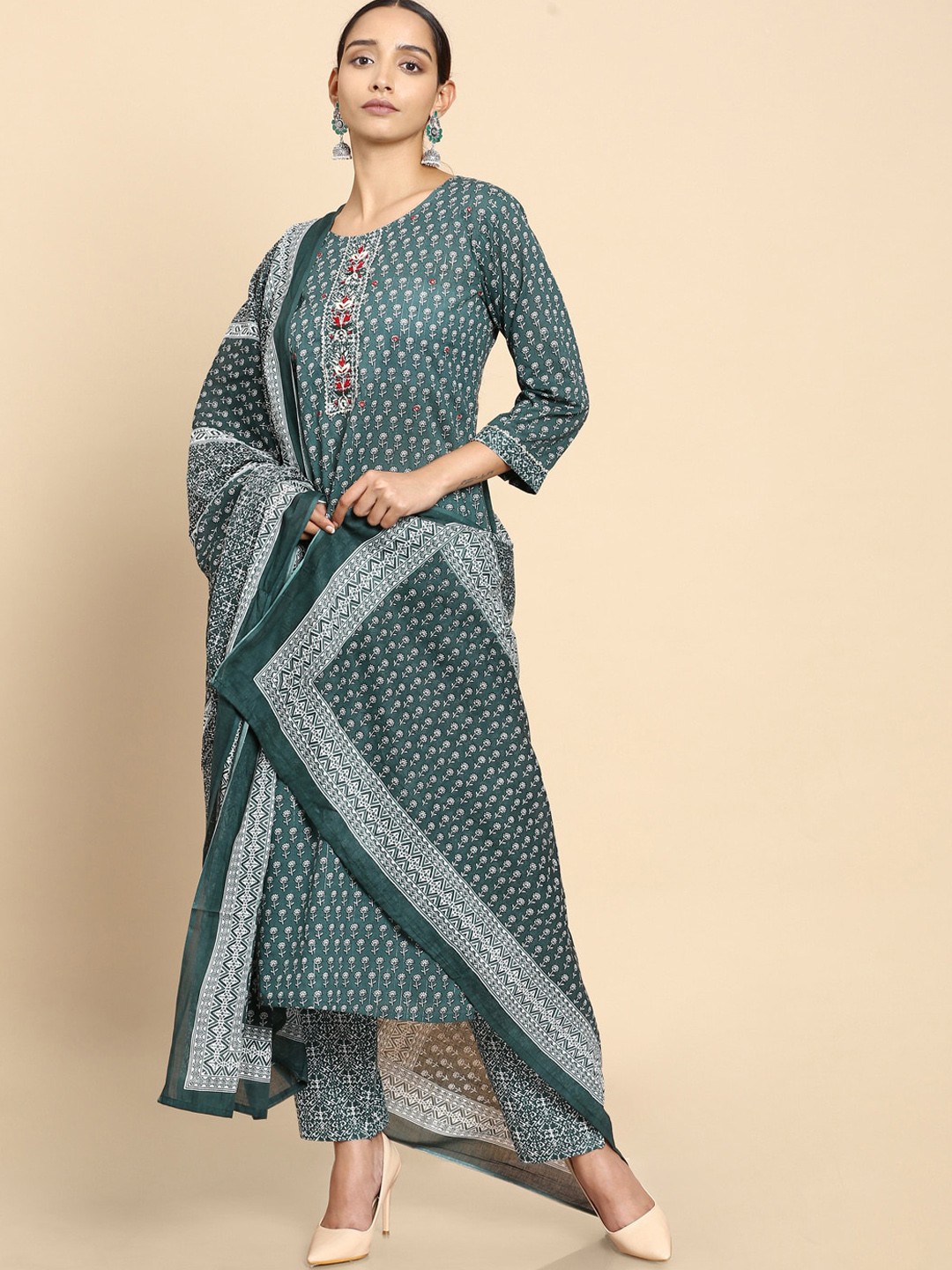 

Soch Women Green Ethnic Motifs Printed Pure Cotton Kurta with Palazzos & With Dupatta