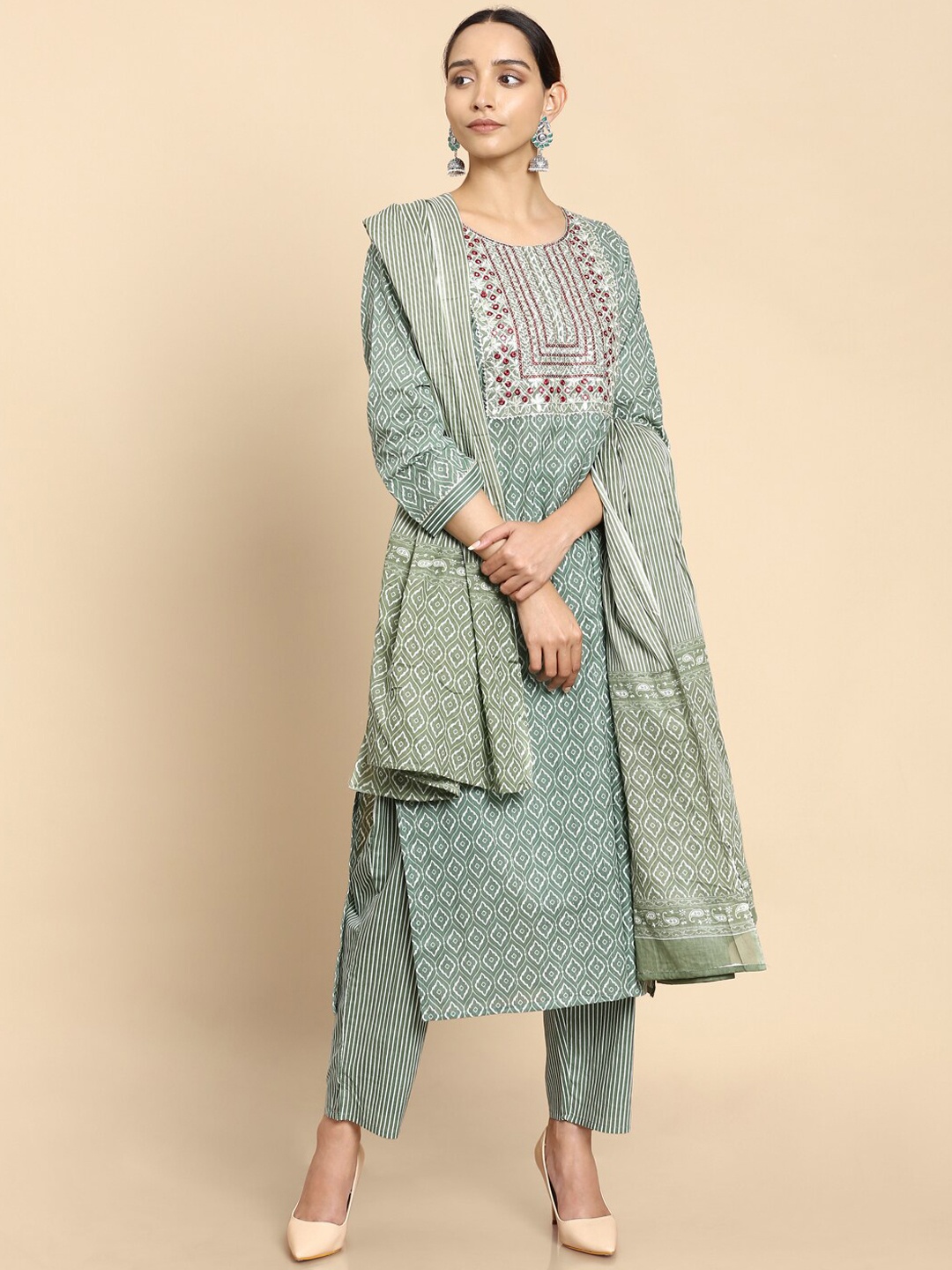 

Soch Women Olive Green Ethnic Motifs Printed Pure Cotton Kurta with Trousers & Dupatta