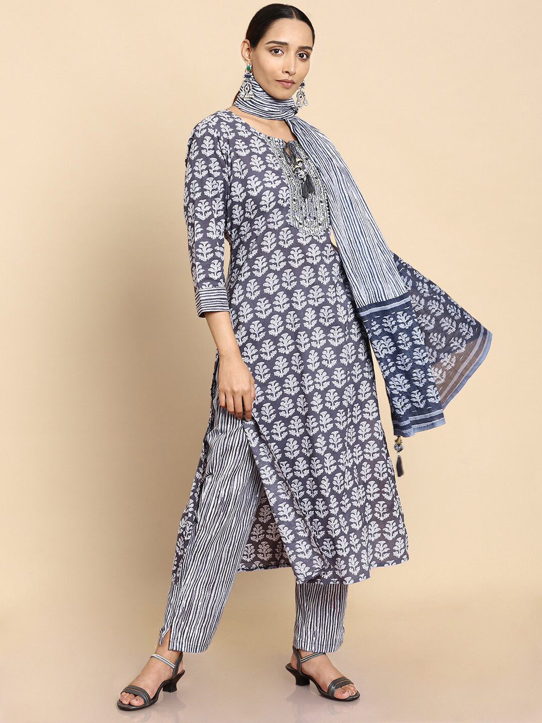 

Soch Women Grey Embroidered Empire Pure Cotton Kurti with Trousers & With Dupatta