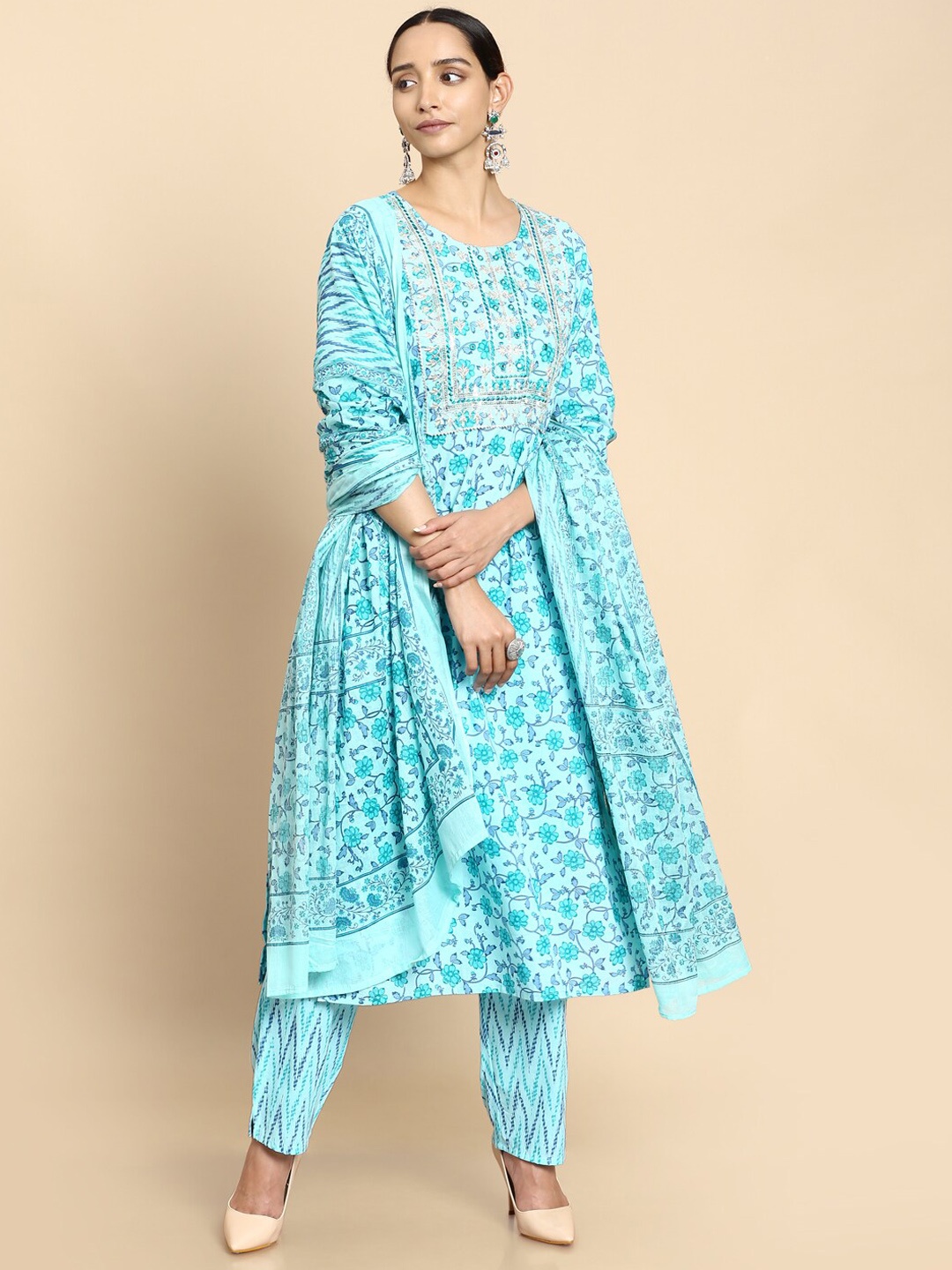 

Soch Women Blue Floral Printed Thread Work Pure Cotton Kurta with Trousers & With Dupatta