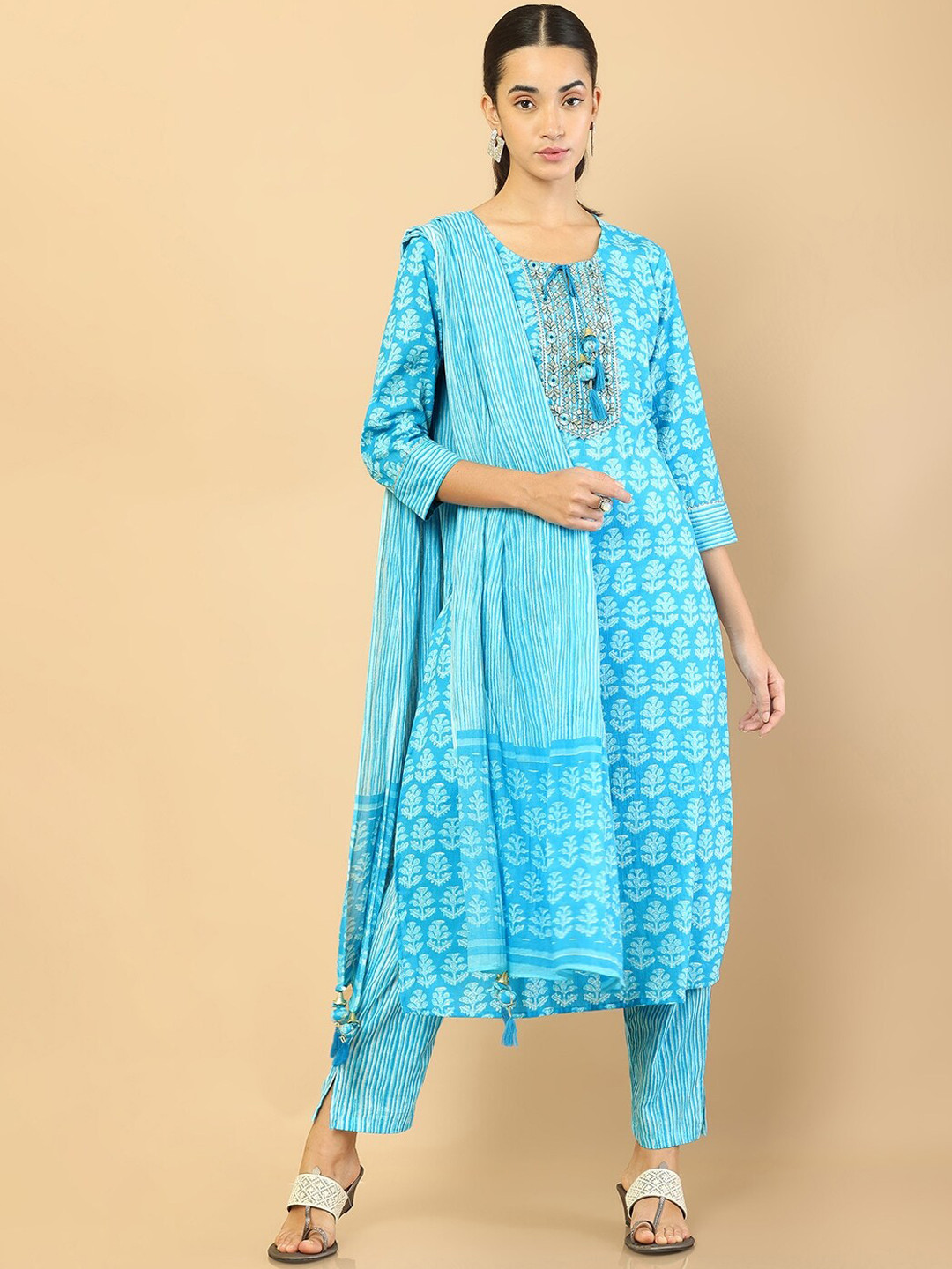 

Soch Women Blue Floral Yoke Design Pure Cotton Kurta with Trousers & Dupatta