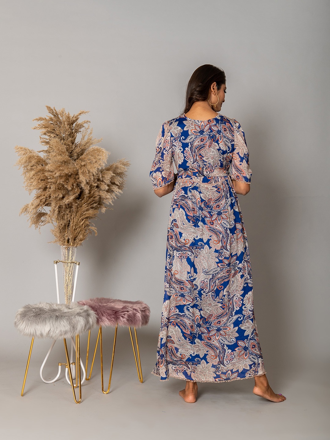 

WESTIFIED women's Blue & Grey Floral Crepe Maxi Dress