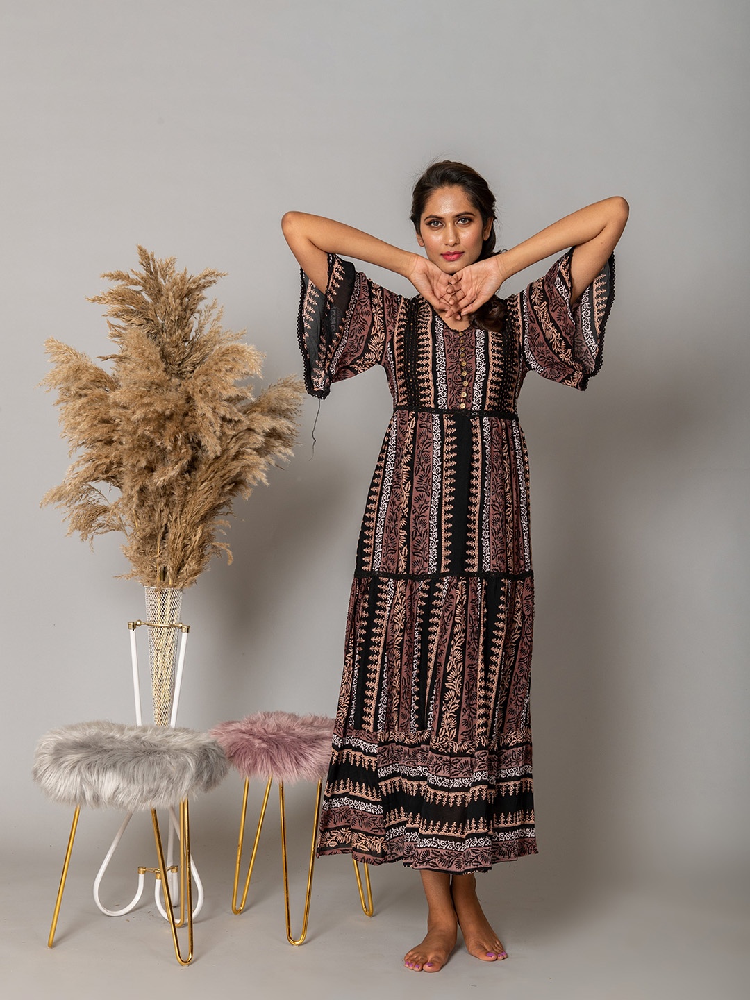 

WESTIFIED Black Ethnic Motifs Crepe Maxi Dress