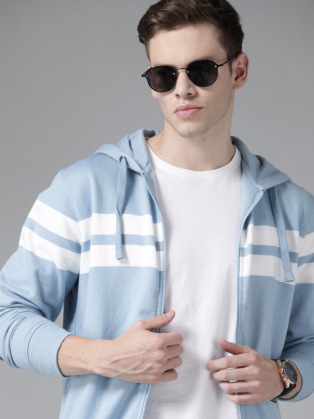 

Roadster Men Blue & White Striped Hooded Sweatshirt