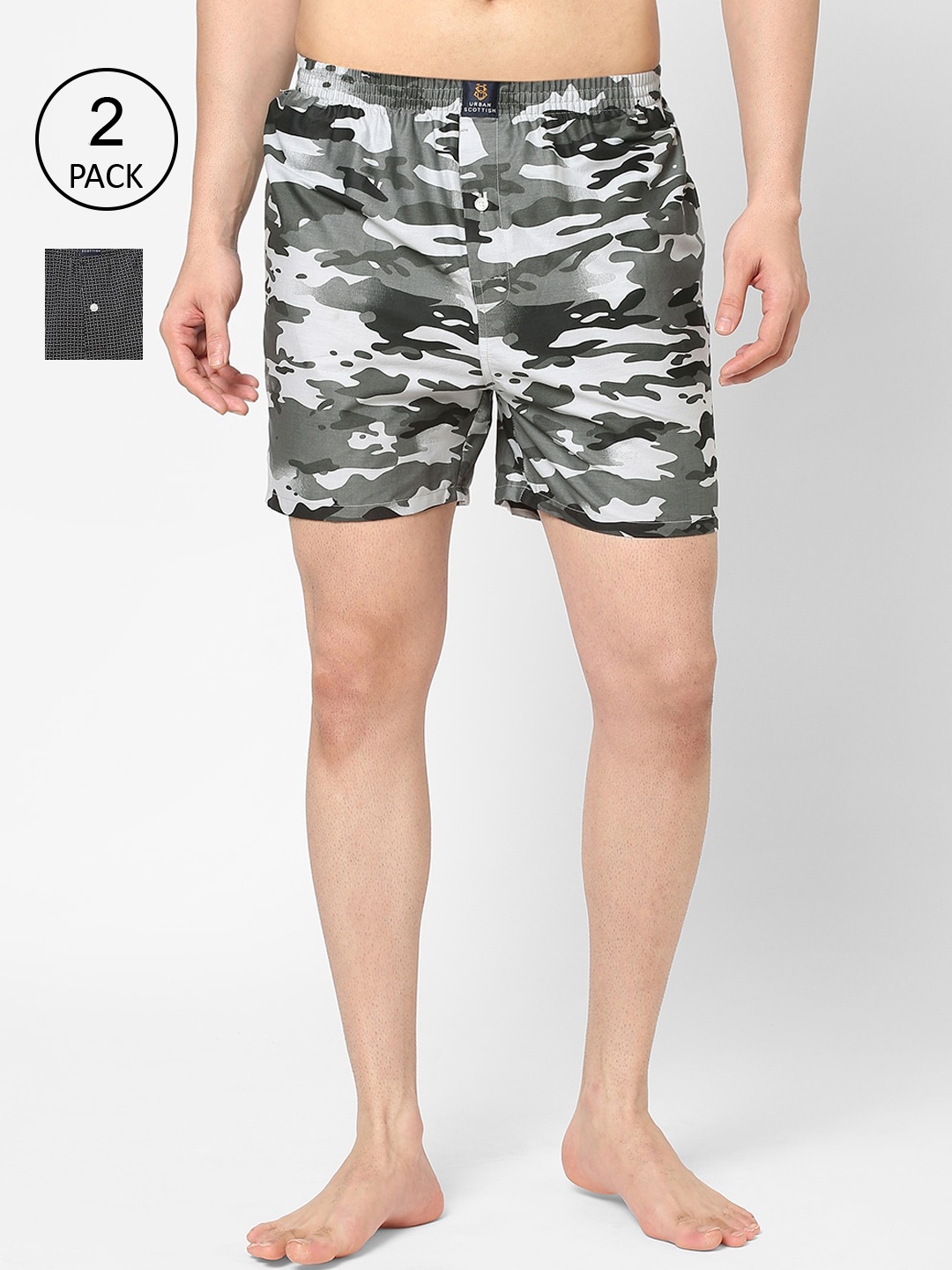 

URBAN SCOTTISHMen Pack of 2 Black and Green Printed Pure Cotton Boxers