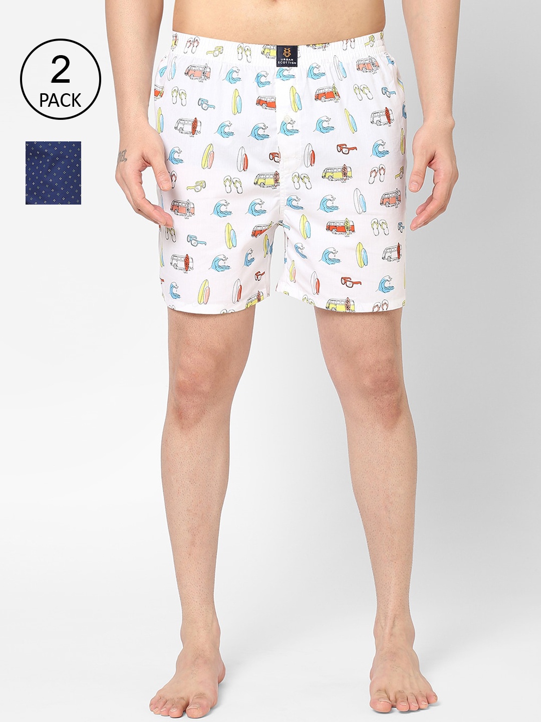 

URBAN SCOTTISH Men Blue & White Pack of 2 Printed Cotton Boxers-USBX2300-S