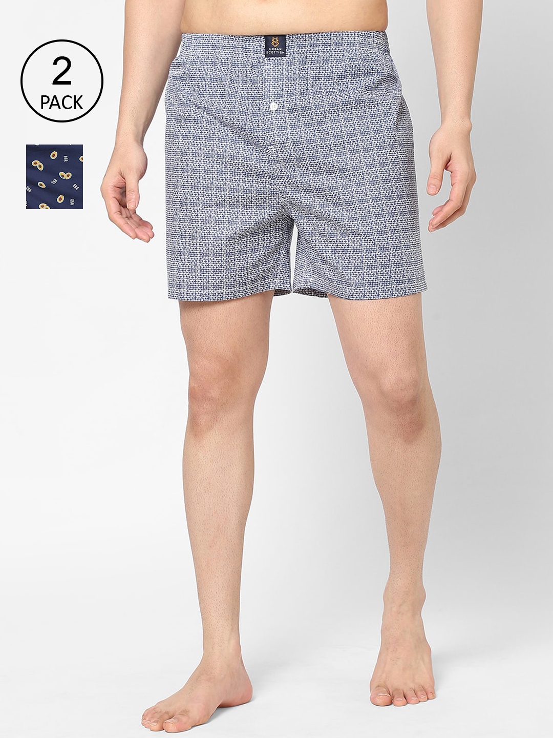 

URBAN SCOTTISH Men Pack of 2 Blue & White Printed Pure Cotton Boxers USBX2301-XL