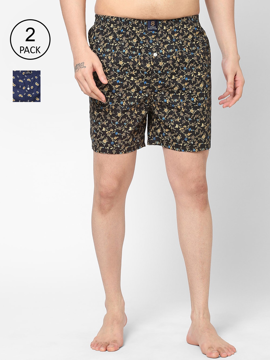 

URBAN SCOTTISH Men Pack Of 2 Printed Pure Cotton Boxers USBX2287, Blue