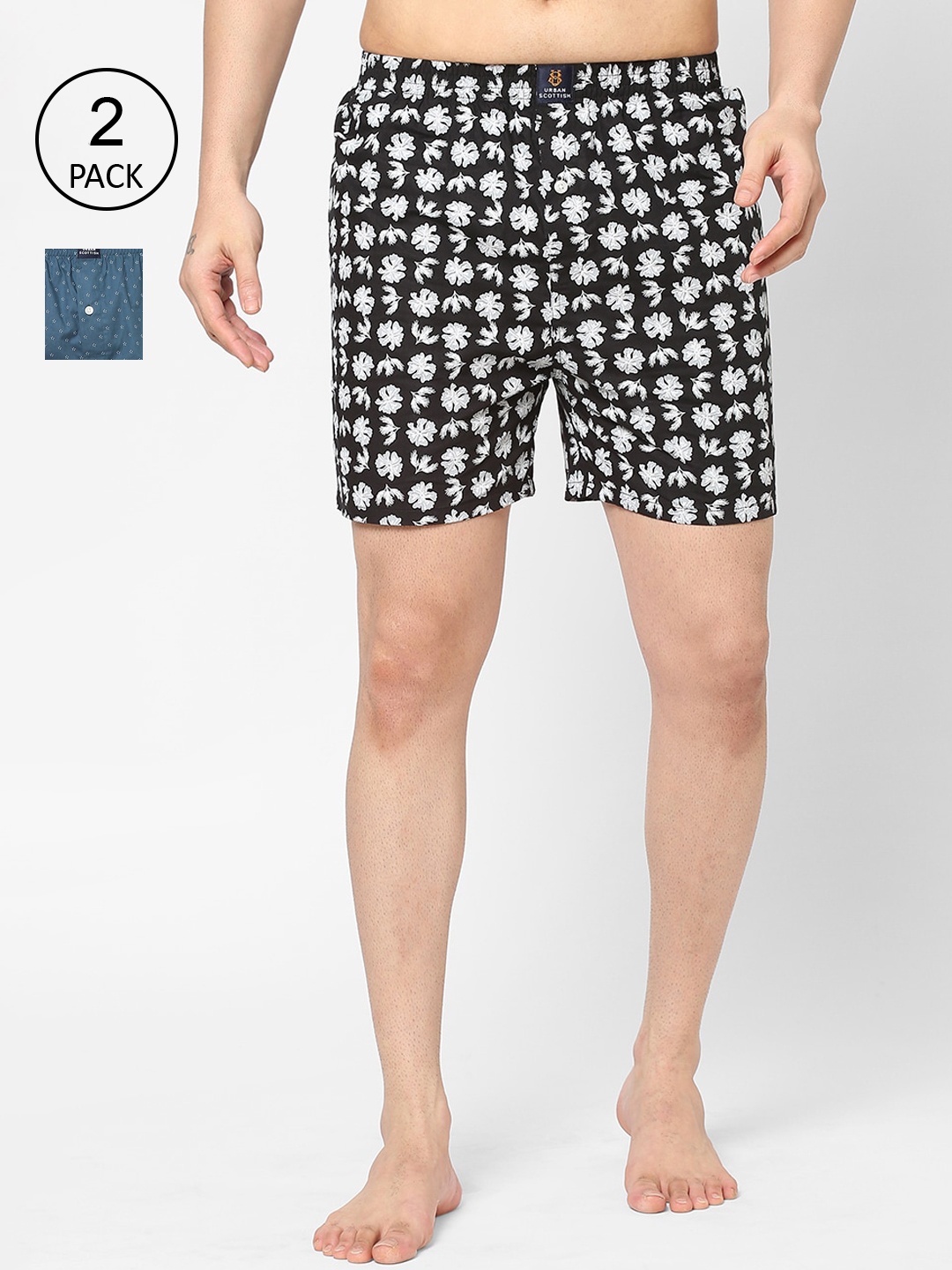 

URBAN SCOTTISH Men Pack Of 2 Printed Pure Cotton Boxers, Black
