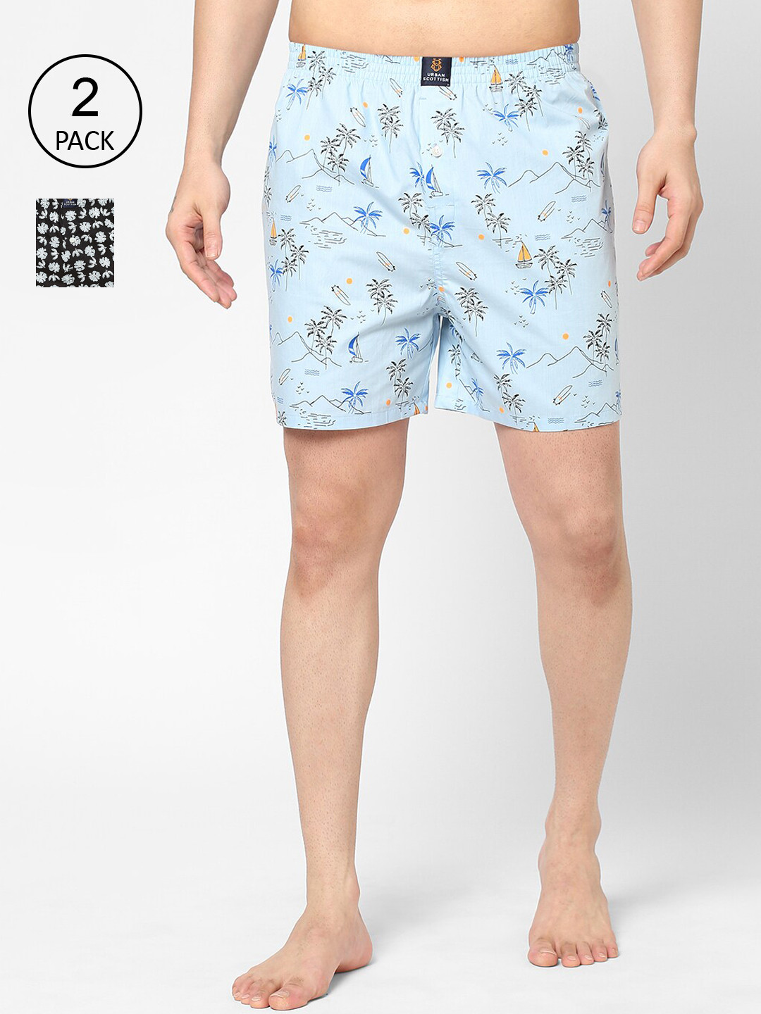 

URBAN SCOTTISH Men Pack Of 2 Blue & Black Printed Pure Cotton Boxers
