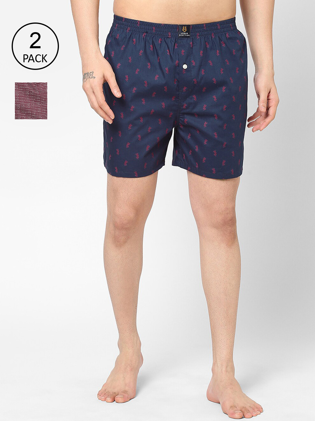 

URBAN SCOTTISH Men Pack of 2 Blue and Red Printed Pure Cotton Boxers USBX2286-S