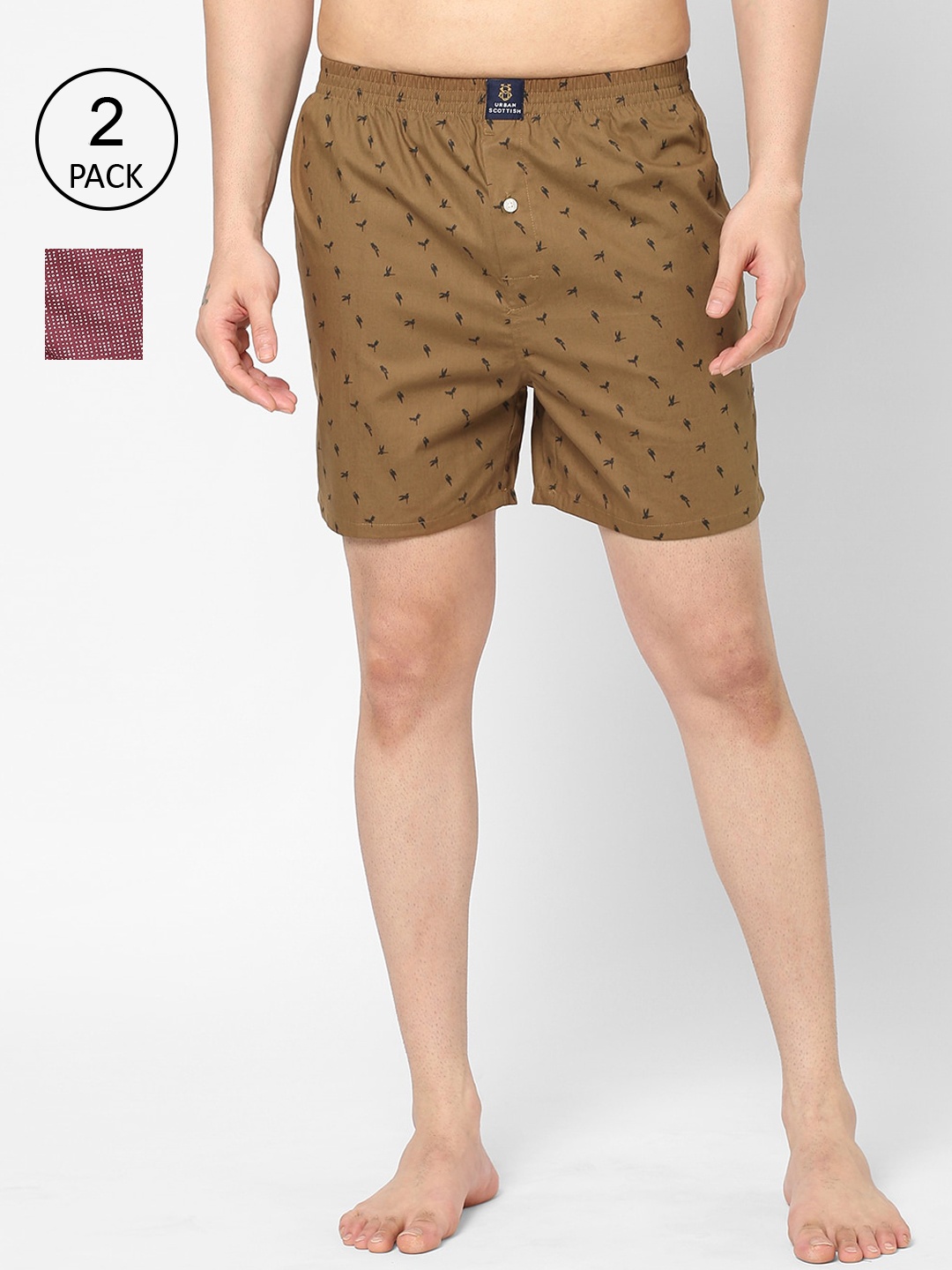 

URBAN SCOTTISH Men Pack of 2 Red & Brown Printed Cotton Boxers USBX2295-S