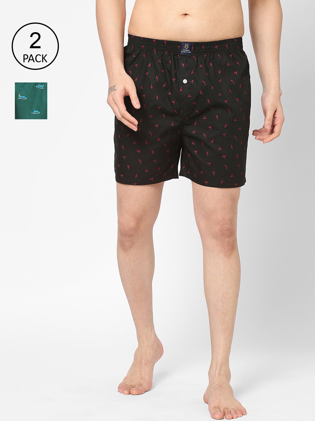 

URBAN SCOTTISH Men Pack of 2 Green & White Printed Cotton Boxers, Black