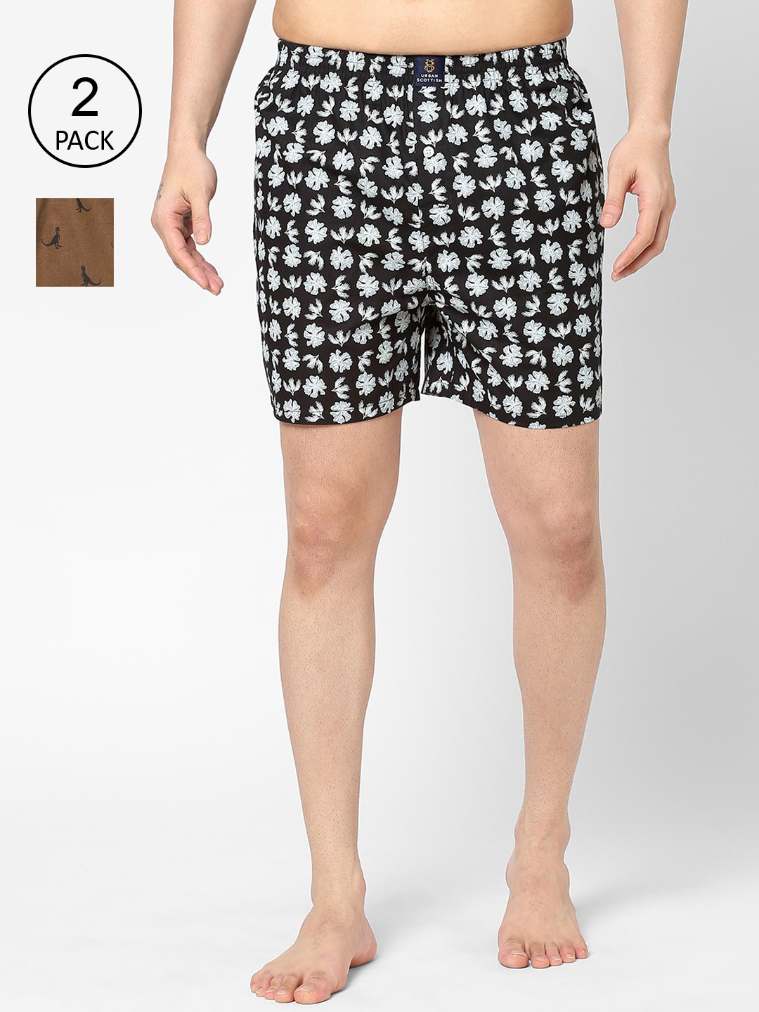 

URBAN SCOTTISH Men Pack Of 2 Printed Pure Cotton Boxers USBX2288-L, Black