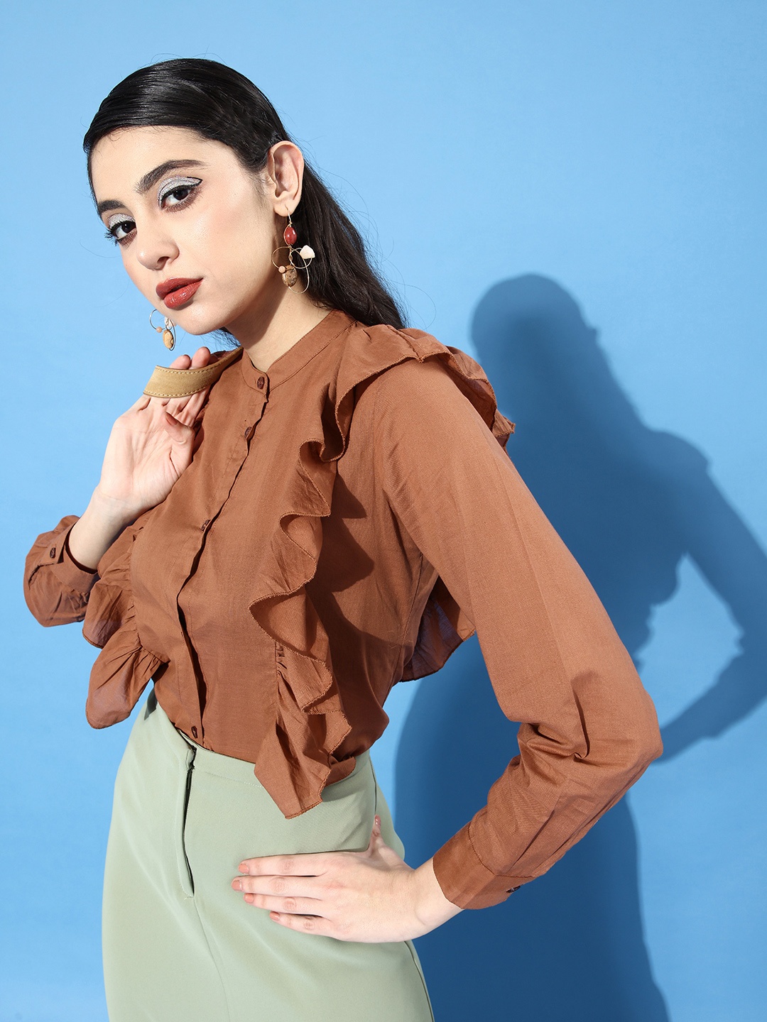 

StyleCast Brown Mandarin Collar Ruffles Shirt Style Top